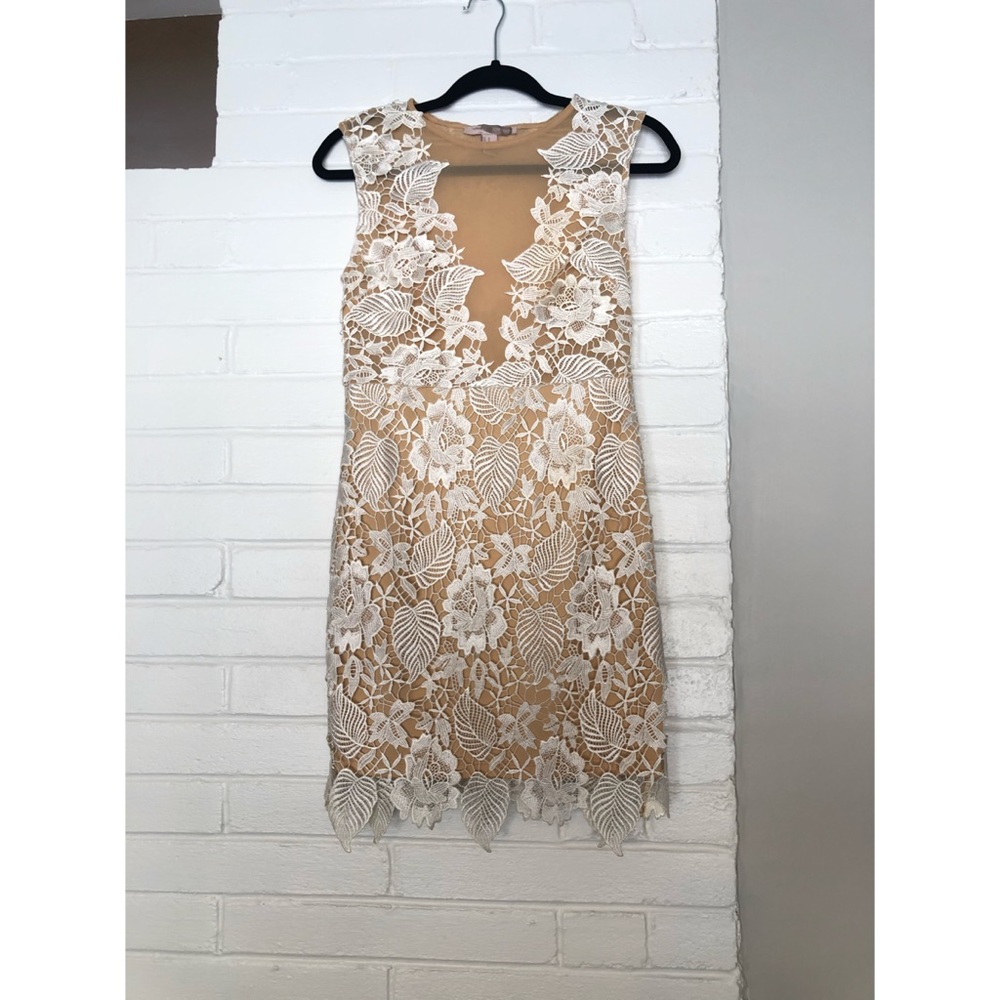 Sexy white and nude floral lace mini dress (M)